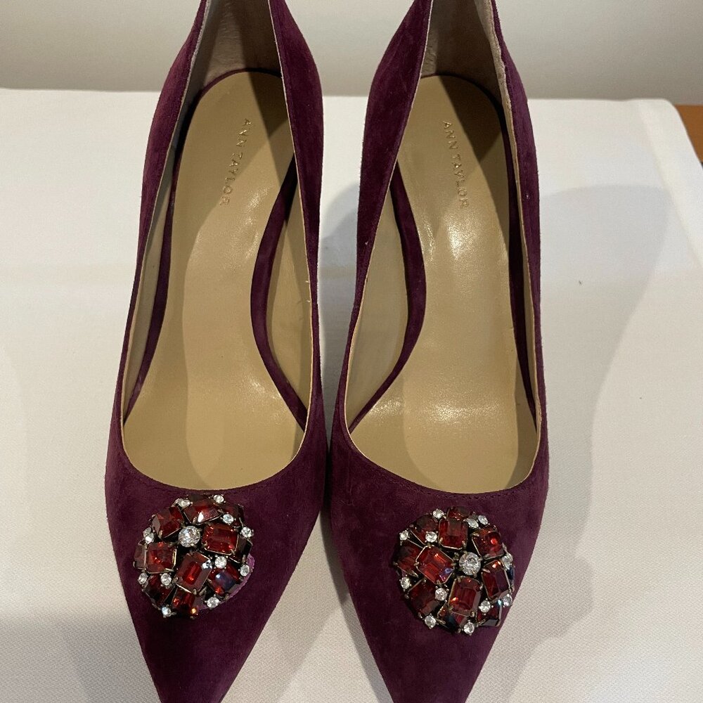 Ann Taylor Eggplant Suede Jeweled Pumps